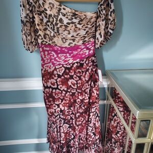 AMUR Asymmetrical Leopard Print Dress with Pink and Brown